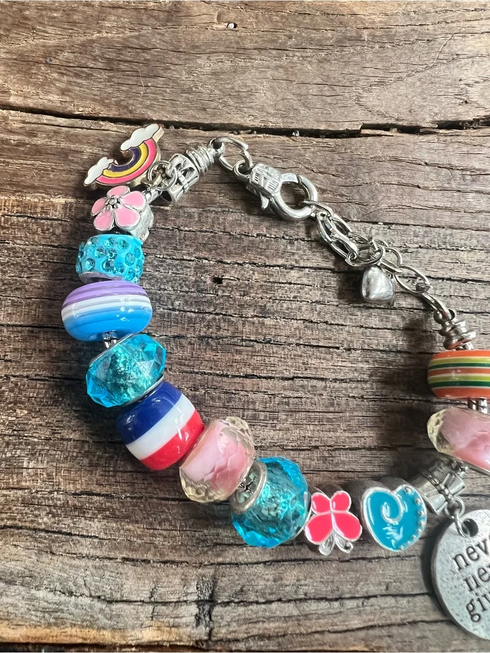 Rainbow Charm Bracelet with Pink Flower Bead